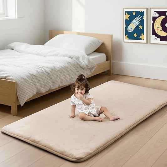 1.3" Thick Baby Bedside Floor Mat for Bedroom, Basic Padded Foam Soft Plush 28x72 Runner Rug with Non Slip Cushioned for Nursery Playroom (Beige)