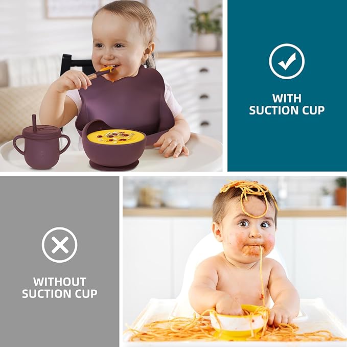 Dormlony 100% Silicone Baby Feeding Set, BPA Free Dishes With Suction Bowl, Divided Plate, Toddler Self Feeding Utensils, Spoons, Forks, Sippy Cup and Bib (Dark Red)