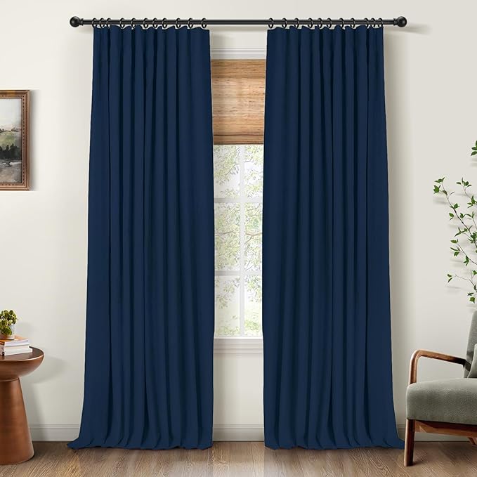 INOVADAY 100% Blackout Curtains for Bedroom, Black Out Curtains 72 Inch Long, Clip Rings Linen Blackout Drapes, Thermal Insulated Room Darkening for Living Room, 2 Panel - Midnight Blue,W50xL72