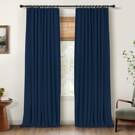 INOVADAY 100% Blackout Curtains for Bedroom, Black Out Curtains 72 Inch Long, Clip Rings Linen Blackout Drapes, Thermal Insulated Room Darkening for Living Room, 2 Panel - Midnight Blue,W50xL72