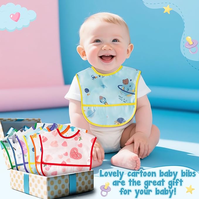2ooya 6Pcs Baby Feeding Bibs with Crumb Catcher Pocket Waterproof Sleeveless Teething Plastic Food Bib Set Adjustable Toddler Infant Keepsake Gift for Baby Shower, 6-24 Months