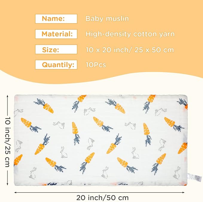 Tatuo 10 Pack Muslin Baby Burp Cloth Soft Washcloths 20'' x 10'' 6 Layer Soft Absorbent Newborn Rags Towel for Baby Shower Boys Girls Machine Washable for Sensitive Skin(Floral Pattern)