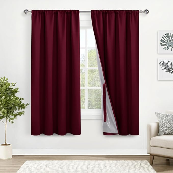 XWZO 100% Blackout Curtains with Tiebacks - Heat and Light Blocking Rod Pocket & Back Tab Window Drapes with Black Liner Backing for Bedroom Sewn with Tiebacks, Burgundy, W52 x L72, Set of 2