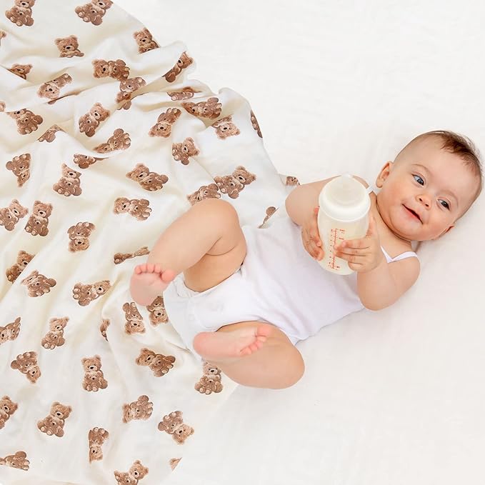 LifeTree Muslin Swaddle Blankets, Baby Swaddling Wrap Nursery Blanket Unisex, Soft 70% Viscose from Bamboo and 30% Cotton, Large 47 x 47 inches, Bear & Checkered Swaddle Blanket