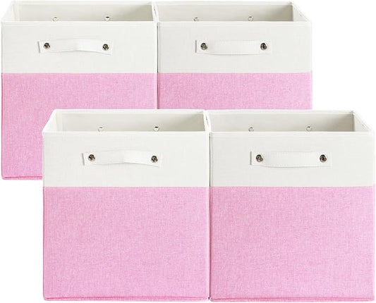 13 x 13 Inch Fine Linen Storage Bins with Handles，Fabric Cube Boxs，Basket Organizers for Shelves for Home, Closet Drawers (White/Pink-4 Pack)