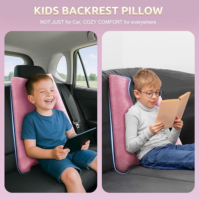 Car Pillow for Kids Travel Pillow with Adjustable Strap, Kids Floor Pillows Cushions for Adults and Children to Support Head and Body Road Trip Essentials (Pink)
