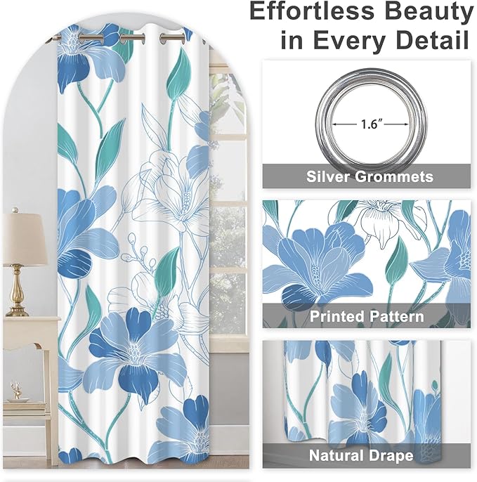 Blackout Curtains 84 inch Length 2 Panels Set, Blue Floral Printed Grommet Thermal Privacy Black Out Curtains for Bedroom with Black Liner, Light Filtering Window Curtains for Living Room and Nursery