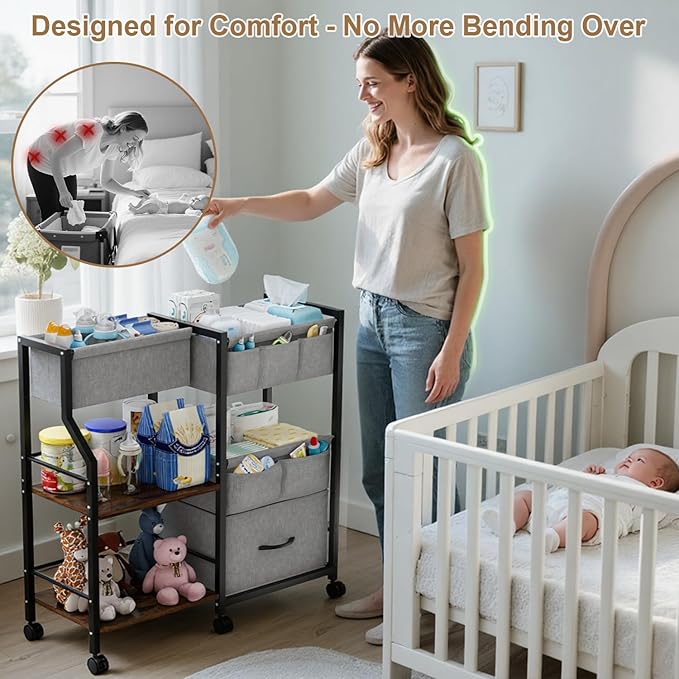 Baby Diaper Caddy Organizer and Storage, 3 Tier Rolling Cart with Dividers and Drawers, Mobile Utility Cart with Wheels for Nursery, Bedroom, Baby Newborn Essentials Storage Cart, Black