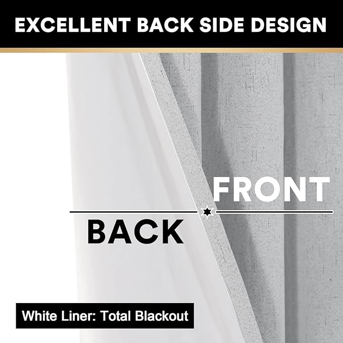 PrinceDeco Linen Texture Curtains Full Blackout Curtains 90 inch Long 2 Panels Set Anti-Rust Grommet Grey Linen Curtains Vertical Drapes Privacy for Bedroom Living Room，52 X 90 Inch, Glacier Grey