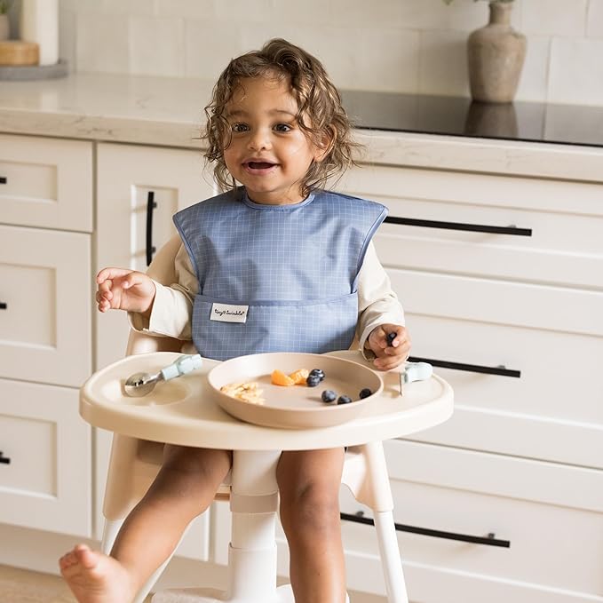 Tiny Twinkle Mess-Proof Baby Bibs for Eating | Waterproof, Wipeable Toddler Bibs with Catch-All Pocket | Feeding Bibs for Girls & Boys(3 Pack,Gingham,Grid)