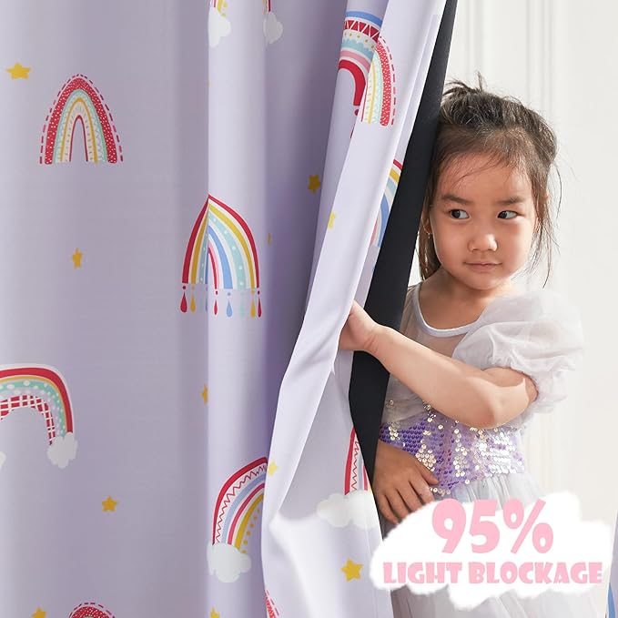 Vangao Easter Boho Girls 100% Blackout Curtains Purple for Kids Room 63 Inch Length, Rainbow Window Drapes for Living Room Nursery Thermal Insulated Room Darkening Curtains Bedroom Grommet 2 Panels