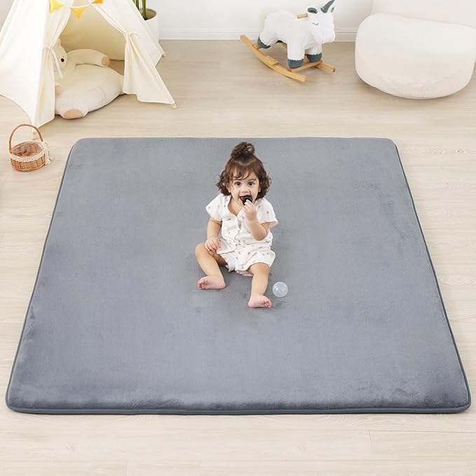 1.3" Thick Baby Floor Play Mat 39x59, Basic Padded Foam Mat for Tummy Time Crawling, Non Slip Cushioned for Babies Toddlers Infants Kids (Light Grey)