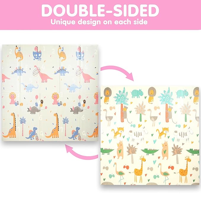 Bammax Extra Large 78" x 70" x 0.4" XPE Foam Baby Play Mat with Travel Bag | Waterproof, Foldable & Reversible Padded Playmat | Baby Crawling & Kids Play Mat – Giftable Design, Dinosaurs & Safari Animals