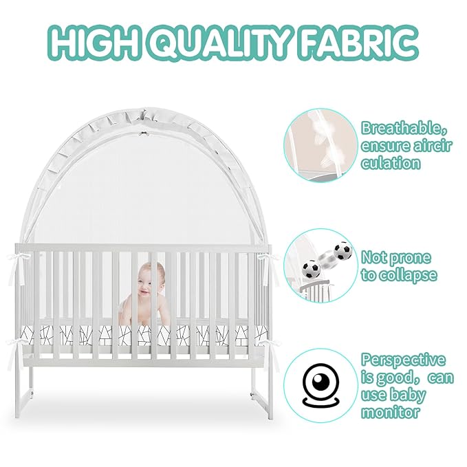 Crib Tent - Crib Net to Keep Baby in, Stop Baby from Climbing Out of Crib, Pop Up Crib Tent with Durable Breathable Net Double Zipper Strong Rods Installation Convenience (Black Line, Large)
