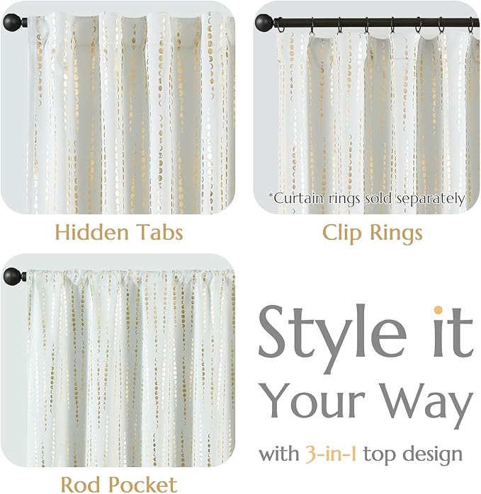 jinchan 95% Blackout Bohemian Moon Phase Print Bedroom Curtains 90 Inch Length 2 Panels Golden Curtain on White Background Pole Mouth Rear Label Thermal Curtains for Nursery