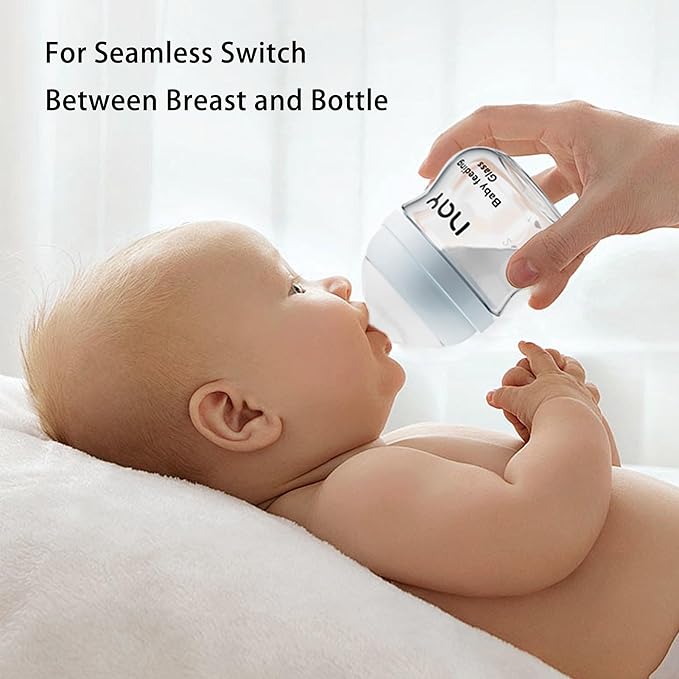 yanyoyo Natural Glass Baby Bottle Wide Neck, Newborn Anti-Colic Baby Bottle, Clear, 3oz(Pack of 4), Includes 4Pcs Slow Flow Nipple(SS), 0 Months+