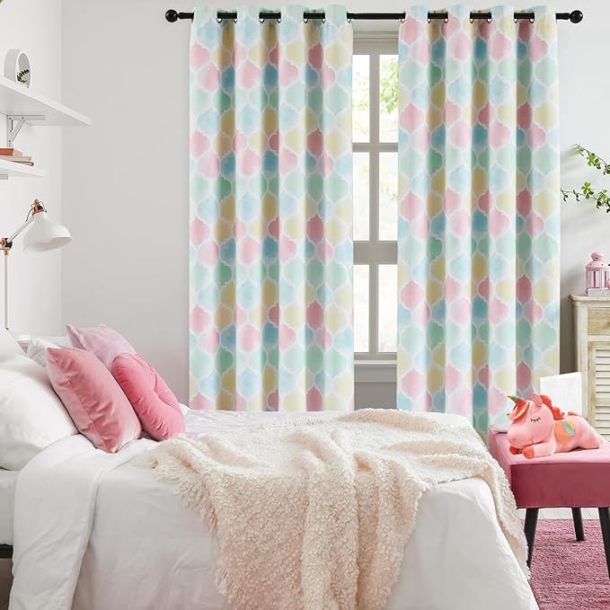 Moroccan 100% Blackout Curtains 90 Inches Long Geo Pink Window Drapes for Kids Girls Bedroom Thermal Insulated Noise Reducing Grommet Window Treatments Sets, 52x90, Multi-Color 2 Panels