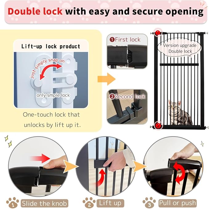 Lumizone Extra Tall Pet Gate 55.12" High Pressure Mounted 63.39"-67.90" Extra Wide (9 Sizes) 1.37" Gap for Cat Dog Stairs Doorway Hallway No Drilling Auto-Close (63.39"-67.90" W, Black)