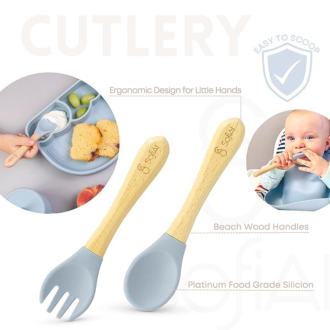 SofiAl All In One Silicone Feeding Set - Safe for 6-12 Months - Non-Toxic Baby Led Weaning Supplies - Toddler Self Feeding Utensils - BPA-Free - Mess Free Essentials