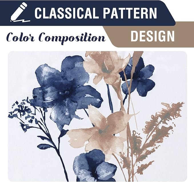 H.VERSAILTEX 100% Blackout Curtains 84 inch Length 2 Panels Set Cattleya Floral Printed Drapes Leah Floral Thermal Curtains for Bedroom with Black Liner Sound Proof Curtains, Navy and Taupe