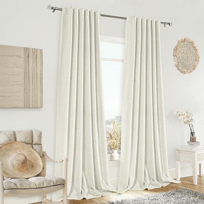 100% Blackout Cream Linen Curtains for Living Room - Back Tab Thermal Insulated Farmhouse Drapes Room Darkening for Bedroom, Natural 90 Inch Length 2 Panels Set