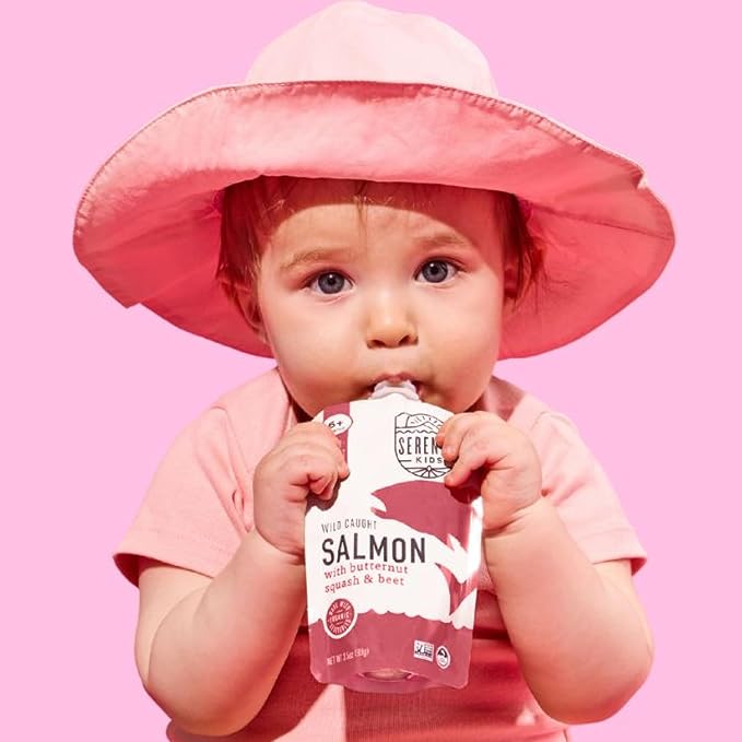 Serenity Kids 6+ Months Salmon Baby Food Pouches - Wild-Caught Salmon & Butternut Squash - High-Protein Baby Snacks - No Sugar Added Toddler Meals - 3.5 Oz, Pack of 6