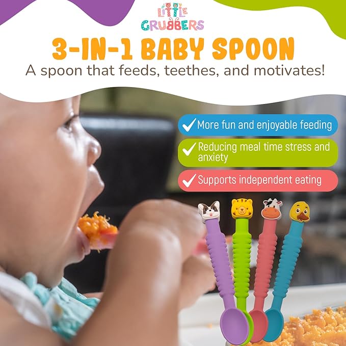Little Grubbers 3-in-1 Silicone Baby Spoon Self Feeding 6+ Months - Pediatric OT Designed Teether Spoon, BPA Free Toddler Utensils, Mess-Free, Fun for Baby Led Weaning Supplies, Cow & Duck