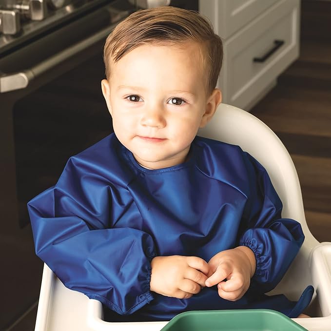 Tiny Twinkle Long Sleeve Bib for Babies & Toddlers | 2-Pack Waterproof Smock Bib for Eating | Machine Washable & Mess-Proof Feeding Essentials | Newborn Shower Gift (Grey Indigo,2-4Y)