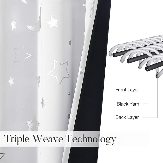 WUBODTI Grey White Blackout Star Curtains for Kids Bedroom 2 Panel Sets 72 Inches Long, Grommet Space Decor Cute Nusery Drapes Room Darkening Thermal Insulated Curtains for Boys Baby Room