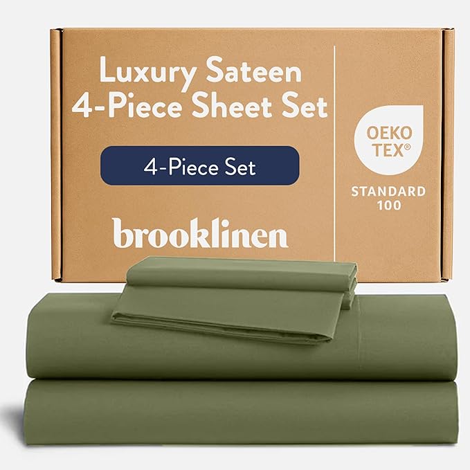 Brooklinen Luxury Sateen 4 Piece Sheet Set - 100% Cotton Bed Sheets, Soft & Durable Full Size Sheet Set in Fresh Moss, Oeko-TEX Certified Bedding Set, 1 Fitted Sheet, 1 Flat Sheet, 2 Pillowcases