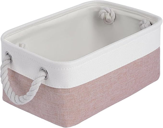 Storage Baskets for Shelves 11.8x7.9x5.2 Inch, Foldable Fabric Storage Bins with Handles, Small Storage Baskets for Organizing Closet, Office, Home Organization (1-Pack, White&Pink)