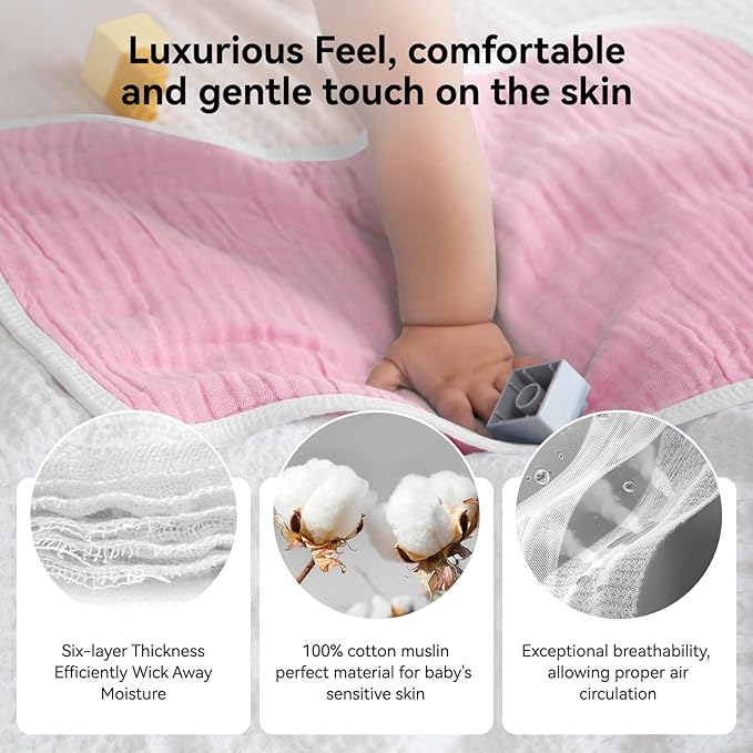 Synrroe Burp Cloths Large, Muslin Burp Cloths for Baby Girls and Boys, Pack of 10 Extra Absorbent and Soft Muslin, 6 Layers 20 by 10 Inches 100% Cotton (Pink-White 10 Pack)