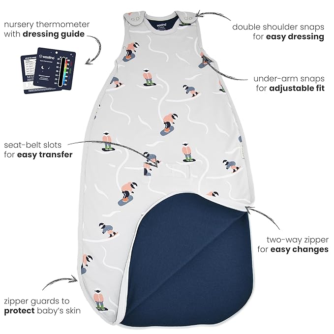 Woolino Merino Wool & Organic Cotton Baby Sleep Sack 2-24 Months – Ultimate 4-Season Baby Sleeping Bag, Universal Size Wearable Blanket, 2-Way Zipper & Adjustable Fit, Year-Round Use - Snowboarder