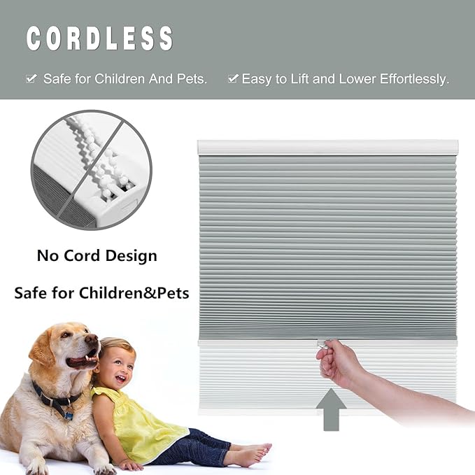 Changshade Room Darkening Cellular Window Shades Blackout Cordless, Black Out Honeycomb Blinds Light Blocking 1.5" Accordion Thermal Insulated Privacy Protection, Easy to Install, 35" Wx72 H, Grey