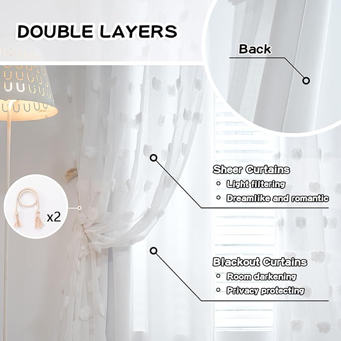 MYSKY HOME White Curtains for Bedroom 54 Inch Long Double Layer Curtains for Kids Room Kithen Pom Pom Sheer Nursery Curtains Short Grommet Room Darkening Small Window Curtains 2 Panels 52 x 54 in