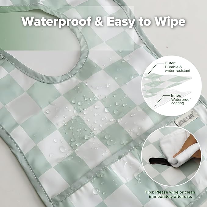 haakaa Waterproof Baby Bibs for Eating, Soft & Lightweight Toddler Bibs with Food Pocket, Easy Wipe Clean, Ages 6–24M, 2 Pack
