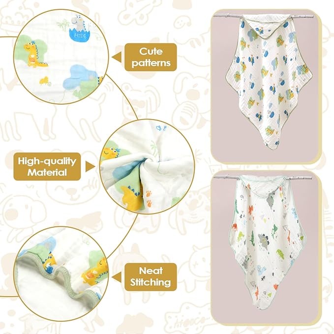 Baby Bath Towels 100% Muslin Cotton Hooded Baby Towels 2 Pack Shower Gifts for Newborn, Infant, Toddler, Kids,Super Soft and Absorbent, Large 35x35Inches
