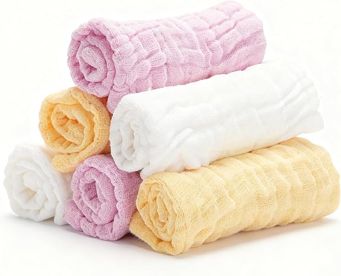 Bear Rocket Organic Muslin Baby Washcloths 6 Pack Baby Bath Face Towel 12x12 Inch Extra Absorbent and Soft Burp Cloth and Wash Cloths for Newborn-Infants On Sensitive Skin (White Yellow Pink)