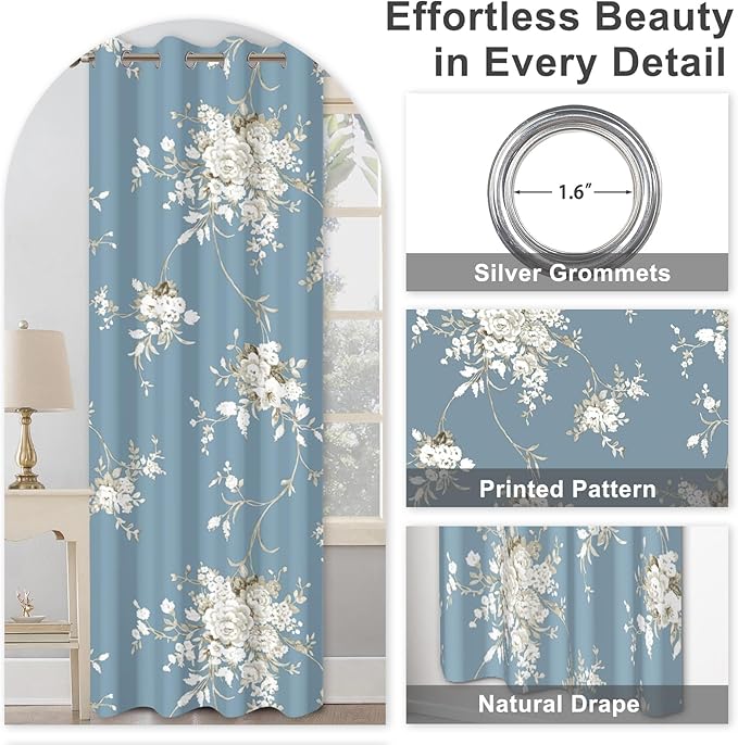 Blackout Curtains for Bedroom 84 Inch Long 2 Panels Set, Haze Blue Floral Grommet Winter Black Out Curtains for Living Room, Room Darkening Thermal Insulated Soundproof Window Drapes, Maintain Privacy