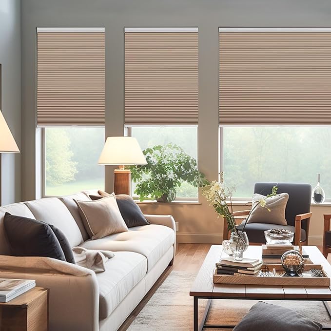Changshade Cordless Cellular Shades, Blackout Honeycomb Shades for Windows, Pull Down Pleated Blinds, Easy to Install for Indoor Windows and French Doors,36" W x 72" H, Light Brown