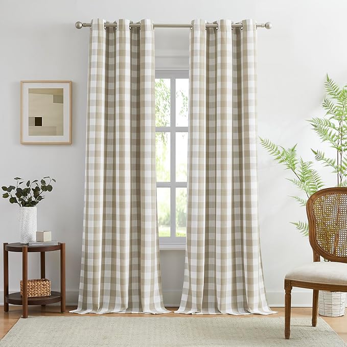 Amzdecor Buffalo Plaid Check Full Blackout Curtains Woven Checkered GEO Thermal Insulated Energy Efficient Drapes Grommet 2 Layers Window Treatment for Bedroom Living Room,2 Panels,40"x95",Beige/White