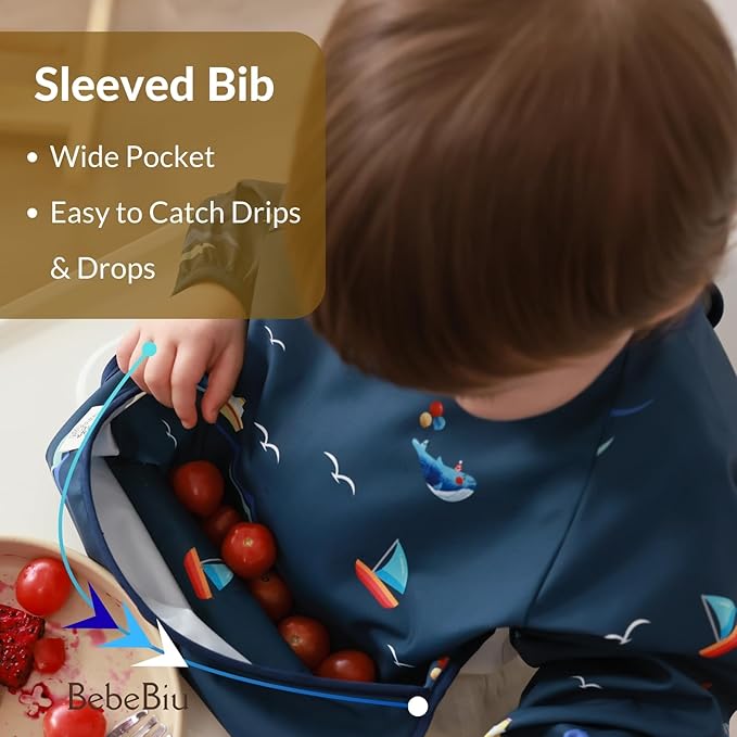 BebeBiu Long Sleeve Baby Bib, Waterproof Fabric, Catch-All Pocket, Baby Smock Bib, Adjustable Sleeves