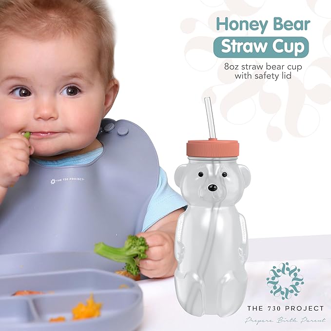 The 730 Project Honey Bear Straw Cup for Babies, 8-oz Honey Bear Cup with Lid, 3-Pack Therapy Learning Honeybear Straw, Baby Bottle Set, Firetruck RED