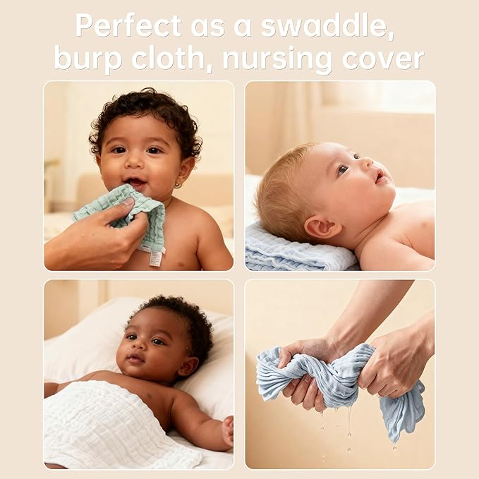 Bear Rocket Organic Muslin Baby Washcloths 6 Pack Baby Bath Face Towel 12x12 Inch Extra Absorbent and Soft Burp Cloth and Wash Cloths for Newborn-Infants On Sensitive Skin (White Blue Green)
