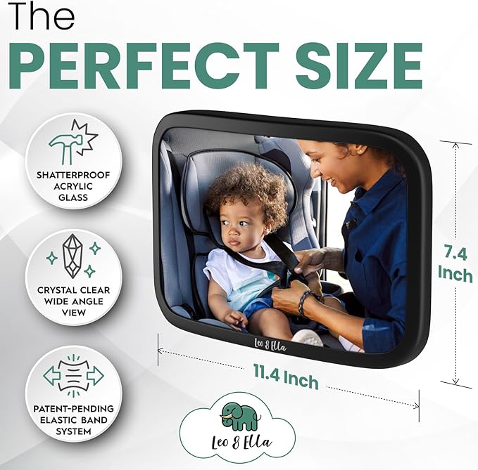 Leo&Ella Extra Large Baby Car Mirror for Tesla & Fixed Headrests, Secure View of Infant in Rear Facing Carseat with Continuous Loop System, 100% Shatterproof, 13.7 Inch Convex Mirror, 360 Rotation