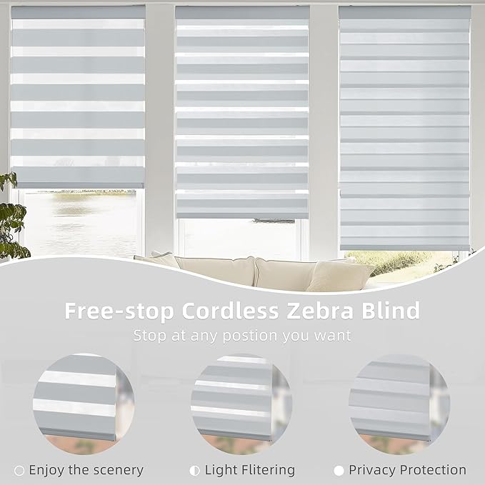 ChrisDowa Cordless Zebra Blinds for Windows, Dual Layer Free-Stop Light Filtering Window Roller Shades, Pull Down Privacy Zebra Shades for Home, Office, Bedroom, Door (46" W x 72" H, Light Grey)