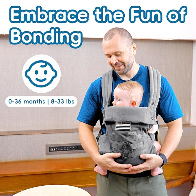 Baby Carrier, Lumbar Support Infant Carrier (0-36M, 8-33 lbs) with Foldable Headrest Carabiners for Big and Tall Parents, Men, Women, Grey