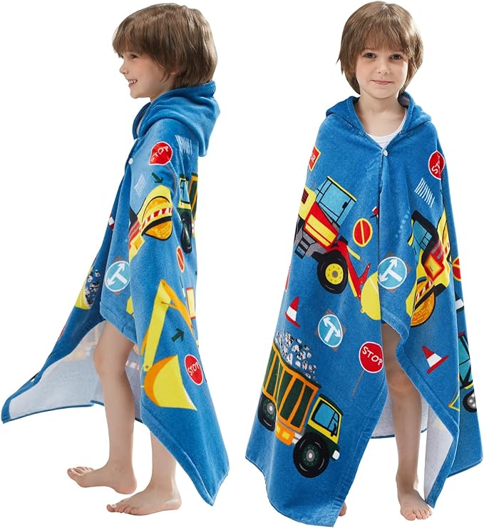 BANGSAUR Excavator Beach Towel, 100% Cotton 50"x30" Hooded Bath Wrap Towel, Toddlers Baby Boys 3-10 Years Coverup Truck