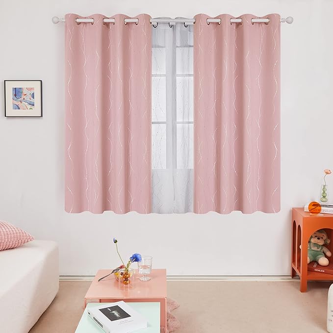 Deconovo Pink Curtains, Blackout Drapes, Thermal Insulated Soundproof Curtain, Silver Wave Dots Print, 52 x 45 Inch Long, Machine Washable Window Panels for Girls Bedroom Living Room Nursery, Set of 2