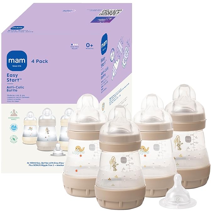 MAM 5oz Easy Start Anti-Colic Baby Bottles, Slow Flow with Bonus Medium Flow Nipple, Reduces Colic, Gas, & Reflux, Easy-to-Clean, BPA-Free, Baby Bottles for Newborns, 0-3 Months